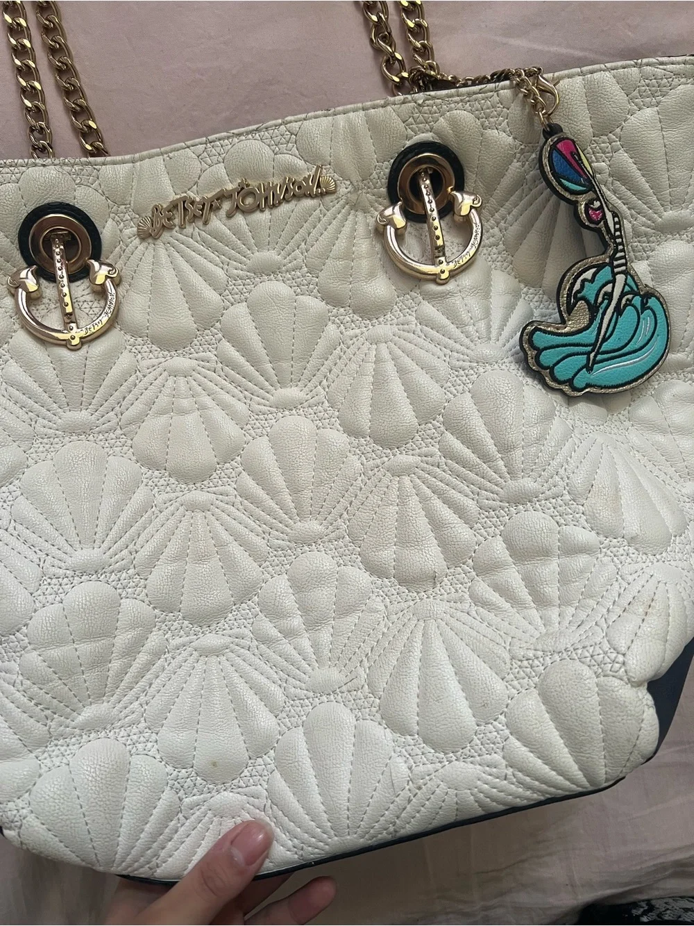 Betsey Johnson Seashell Cream Quilted Tote with Gold Hardware